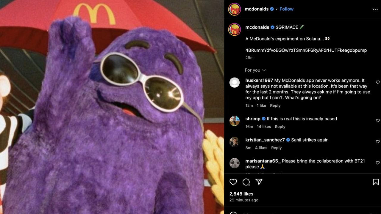 Ảnh chụp màn hình Instagram của McDonald's quảng cáo token Grimace