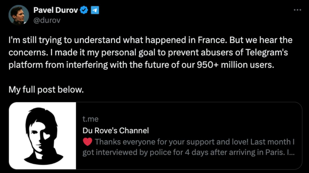Bài đăng X của CEO Telegram sau khi bị bắt ngày 24 tháng 8