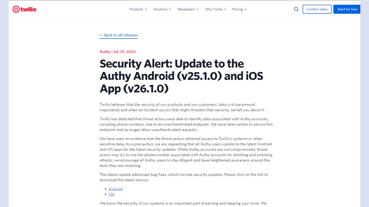 Cảnh báo bảo mật của Twilio liên quan đến vi phạm dữ liệu Authy
