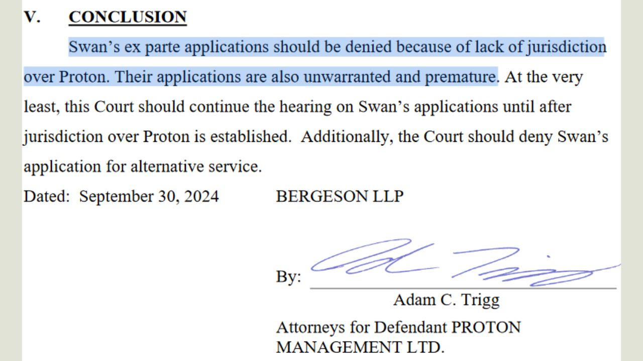 Trích đoạn từ phản hồi của Proton Management về vụ kiện của Swan Bitcoin