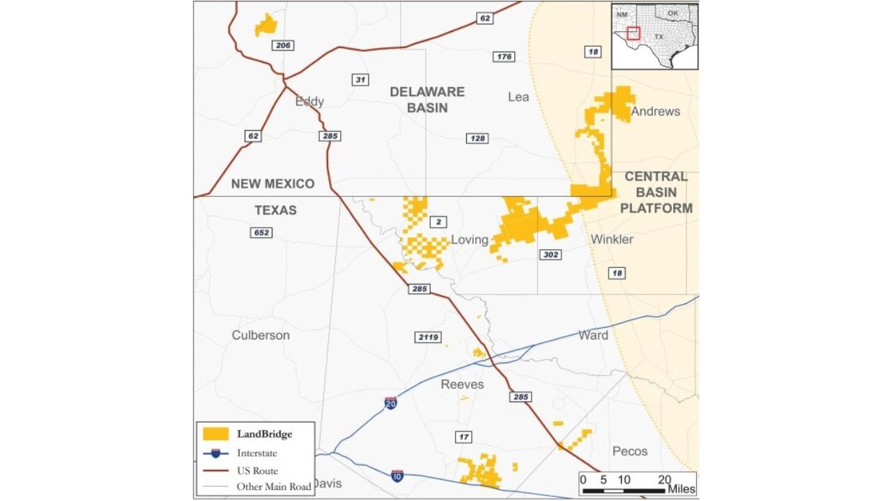 Vùng đất thuộc sở hữu của LandBridge có màu cam đậm nằm ở biên giới giữa Texas và New Mexico